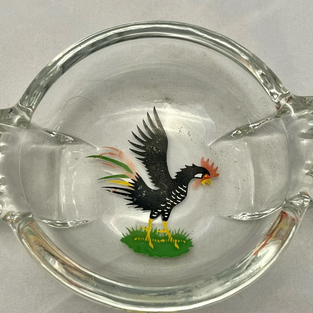 Sport King Federal Heavy Glass Ashtray With Painted Black Rooster, Vintage EUC